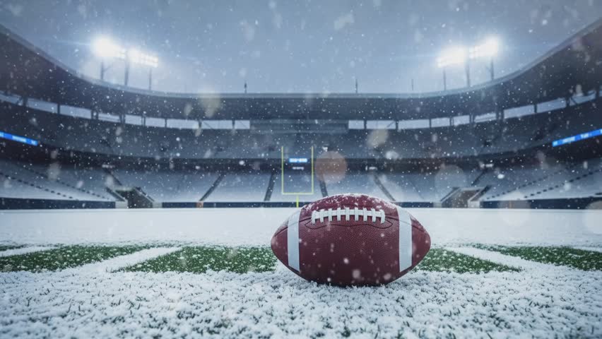 American football ball on grass stadium with snow in winter
