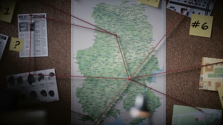 Detective Board with Map, Red Strings, Notes, Newspaper Clippings, and Photographs Unraveling Complex Investigation and Conspiracy Through Mysterious and Intriguing Visuals