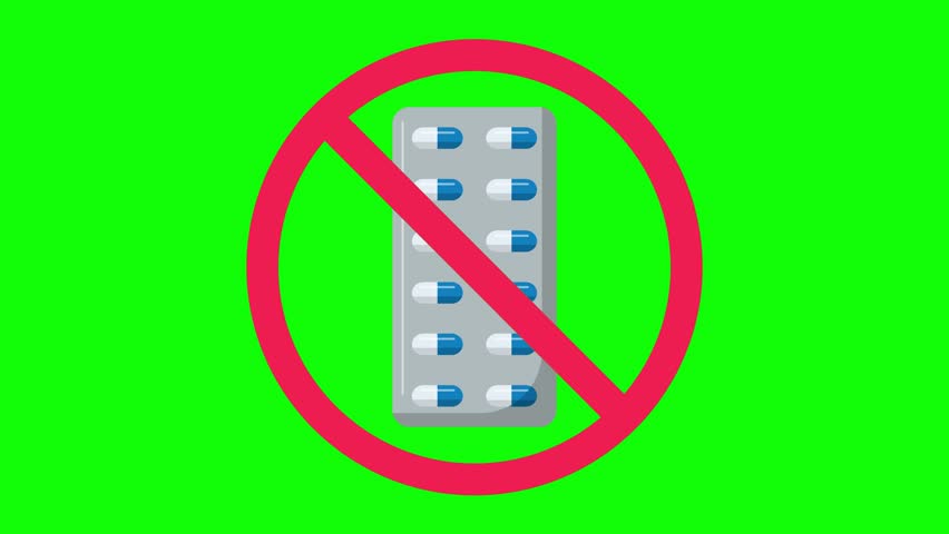 Forbidden sign with medical pills icon, no drugs sign, capsules in blister pack prohibition sign, forbidden medicine sign, do not take medication symbol, animated animation on green screen background