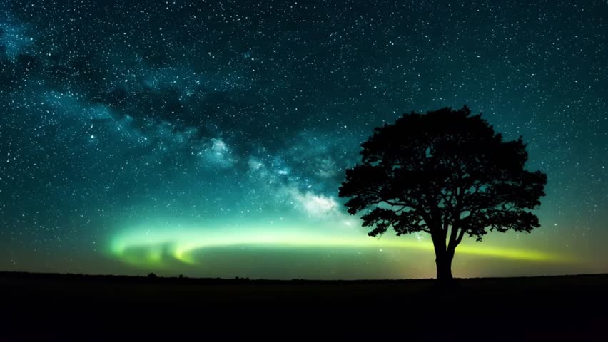Beautiful night scape with a glowing Milky Way galaxy above a solitary tree