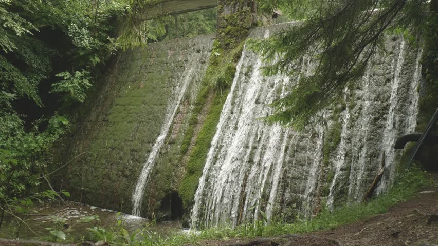 Waterfall Flowing Over Stone Wall of Small Forest Reservoir	
