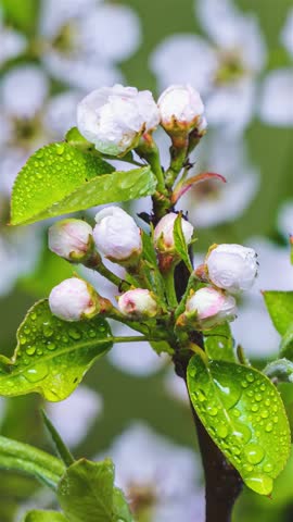 White Pear Flowers Blooming in Spring Nature, Fruit Blossom Vertical Time Lapse