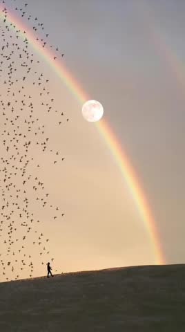 The image shows a breathtaking and surreal scene: a person walking on a grassy hilltop, silhouetted against the sky. A massive flock of birds fills the air, creating a dramatic motion effect