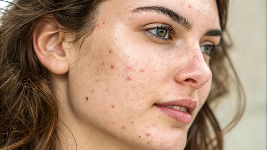 Close-Up of Young Woman’s Face with Visible Acne and Skin Blemishes – Detailed Facial Texture and Imperfections for Skincare and Dermatology Stock Footage