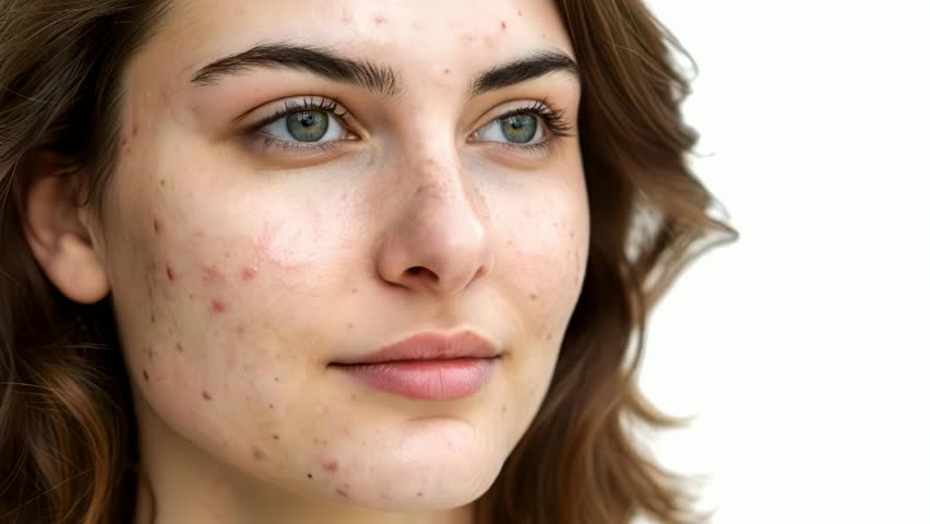 Close-Up of Young Woman’s Face with Visible Acne and Skin Blemishes – Detailed Facial Texture and Imperfections for Skincare and Dermatology Stock Footage