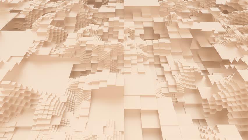 Geometric beige cubes gradually expanding, transforming into architectural landscape with fluid, dynamic movement and innovative design progression