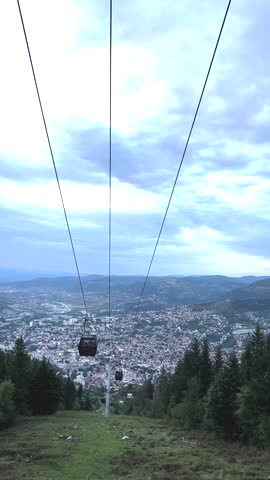 Urban Skyline in Background Behind Cable Car