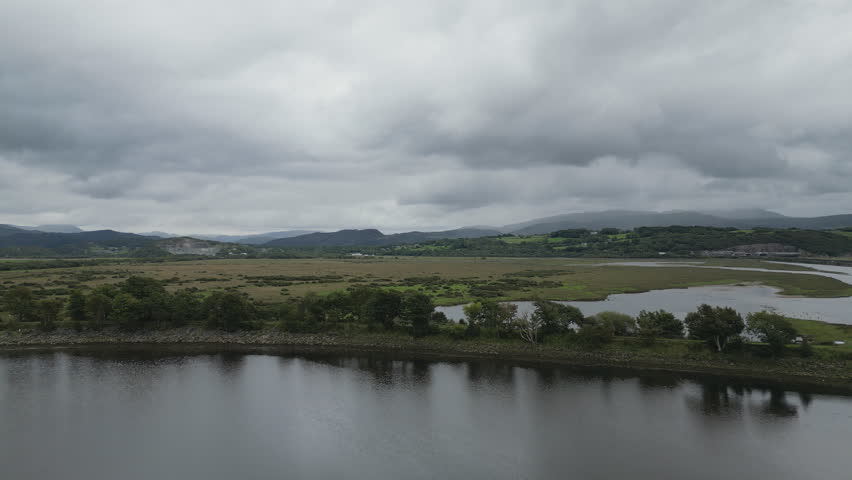 Riverbank with marshland under grey, overcast skies.