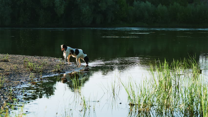 A Dog Happily and Joyfully Exploring the Beautiful Shoreline of a Tranquil and Serene River