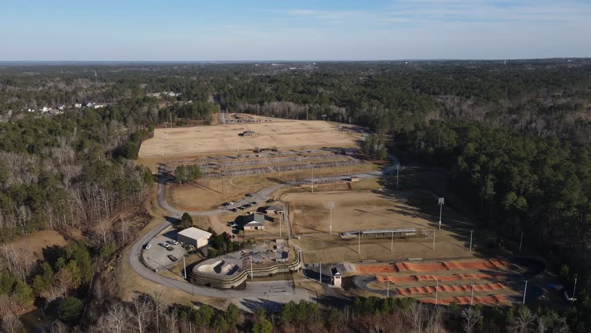 Aerial landscape Blanchard park forest winter after Hurricane Helene Evans Augusta CSRA Georgia USA