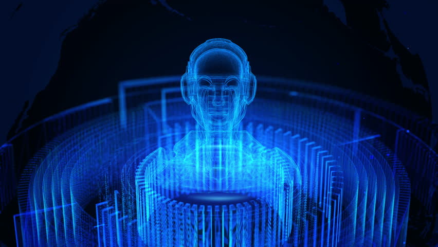 Futuristic AI Interface: Glowing 3D Digital Human in Blue Light, Virtual Reality Theme