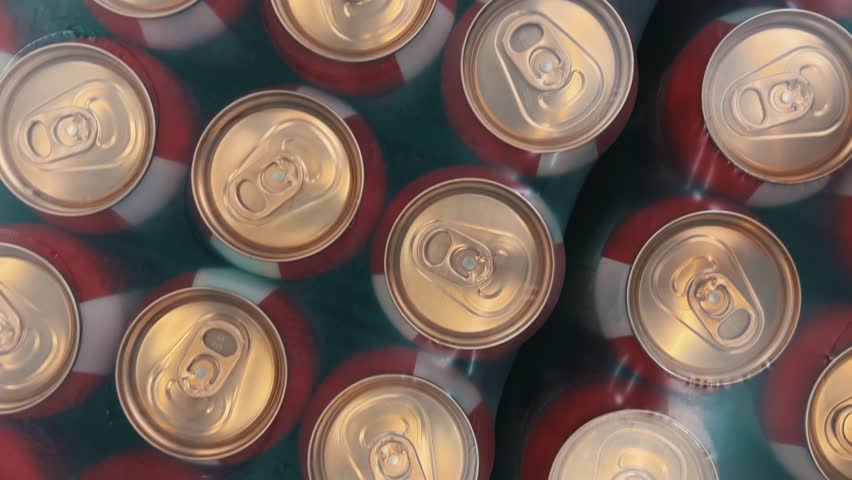 Top Down View: Aluminum Beverage Cans Packed in Plastic Film Blocks | Wholesale Warehouse Storage Display | Commercial Food Distribution Center
