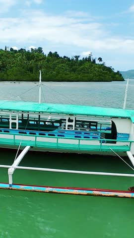 Vertical screen view of traditional Filipino boat moored in green tropical waters near Palawan, Philippines