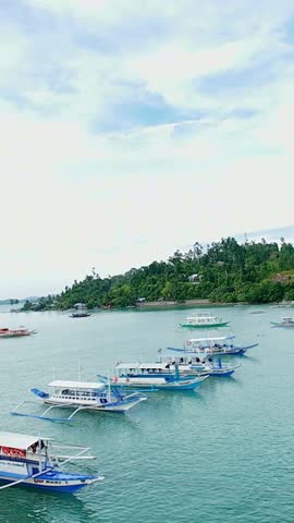 Vertical screen tropical scene with several moored boats and lush coastline in Palawan, Philippines