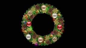 christmas wreath with decorations and animated lights. christmas garland wth pine branches, christmas balls, snowflakes, pine cones, red berries and colorful lights on black background - Powered by Shutterstock - Get 15% off with code: PIKWIZARD15