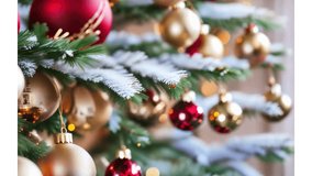 Festive Christmas wreath made of lush green pine branches, decorated with red berries, golden ornaments, pinecones and a bright ribbon, hanging on a rustic wooden door for holiday season decor. - Powered by Shutterstock - Get 15% off with code: PIKWIZARD15