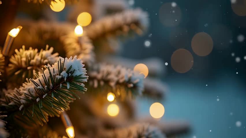 A tall Christmas tree blanketed in fresh white snow, glowing with golden lights and sparkling ornaments, snowflakes gently falling in a magical winter landscape, evoking a warm, festive holiday spirit