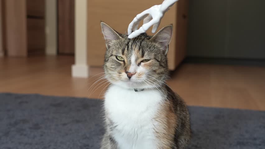 Spooky Halloween cat interacting with skeleton hand in cozy indoor setting