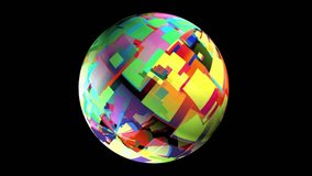 3D animation of a rotating sphere covered in colorful pixel mosaic squares. Vibrant red, green, yellow, blue, pink, and purple hues shift dynamically against a black background. - Powered by Shutterstock - Get 15% off with code: PIKWIZARD15