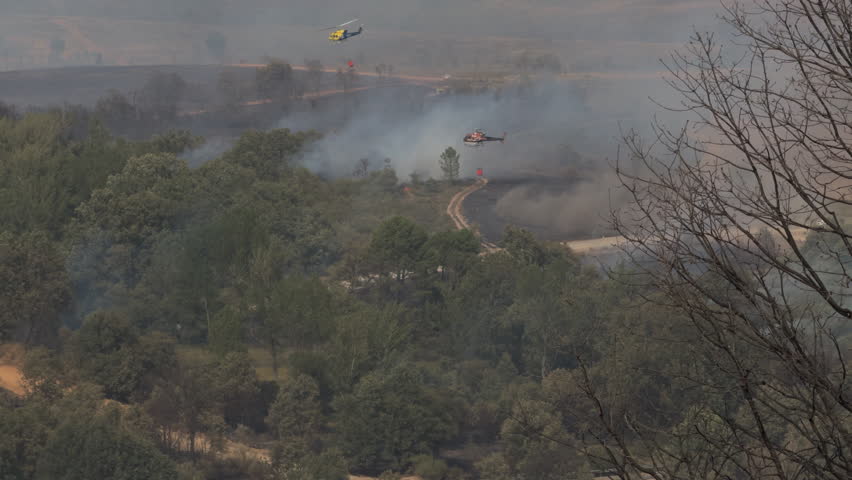 Two helicopters slowly drop water to fight flames in a charred area during a wildfire emergency.