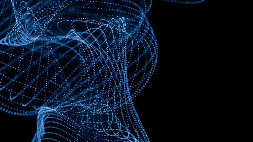 Flowing Particle Waves Forming Abstract Futuristic Shape for Artificial Intelligence, Data Visualization, Neural Networks, and Technology background. Seamless loop. Created using non-AI 3d software. 