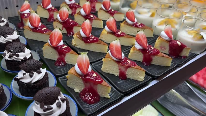 Sliced strawberry cheesecake with creamy layers and fresh berry topping in close-up view