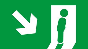 An emergency exit sign with a figure walking rightward with a curved arrow, symbolizing a safe route with directional change - Powered by Shutterstock - Get 15% off with code: PIKWIZARD15