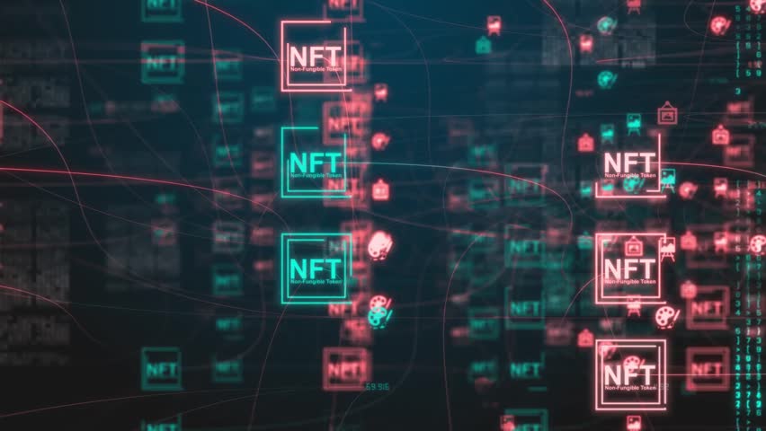 NFT non-fungible tokens digital concept, representing unique blockchain assets, cryptocurrency, virtual art, collectibles, and modern financial technology trends.