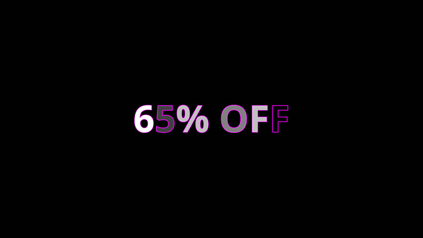 Animated flicker text effect of 65% OFF, with transparent alpha channel background. Ideal for promotions, sales, discounts, marketing campaigns, advertising, and social media content