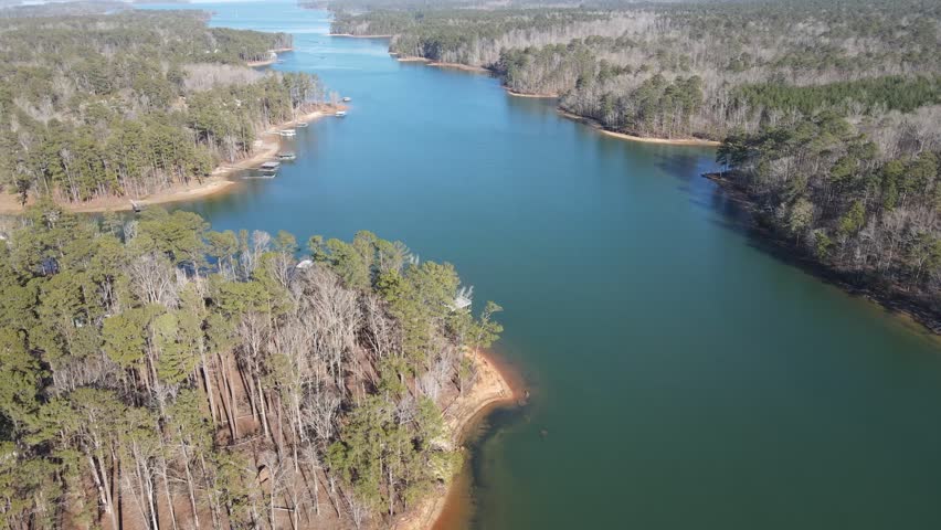 Aerial landscape Clarks Hill Lake in winter after Hurricane Helene in Appling Augusta Georgia USA