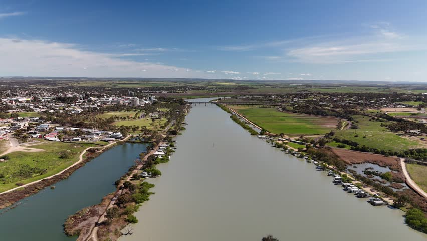 Murray River, Murray Bridge City, South Australia: 4K Aerial Drone Footage of River, Islets, Road Bridge, Railway Bridge, Waterfront Houses and Estate Along River, Parks, Boats, Port, River Landscape