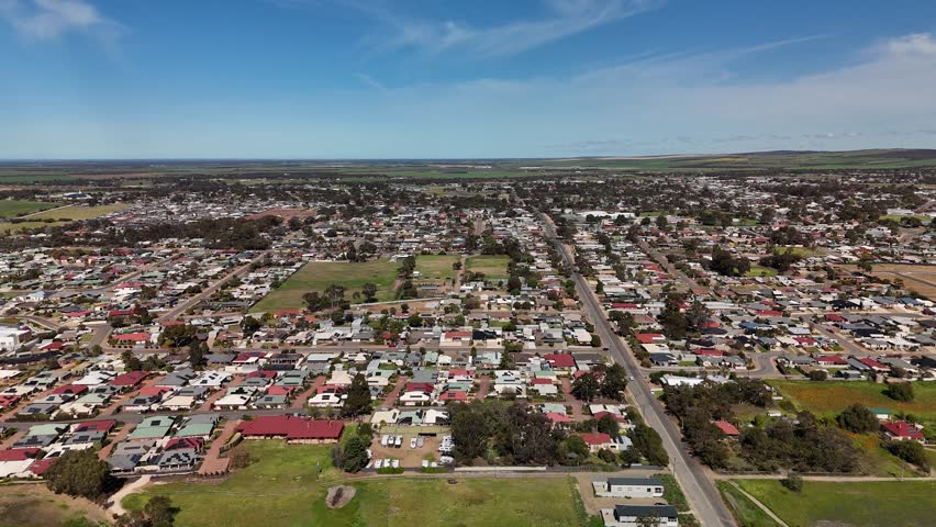 Murray Bridge City, South Australia: 4K Aerial Drone Footage of Low-Density Houses with Solar Panels, Estates, Streets, Shops, Parks Along Murray River