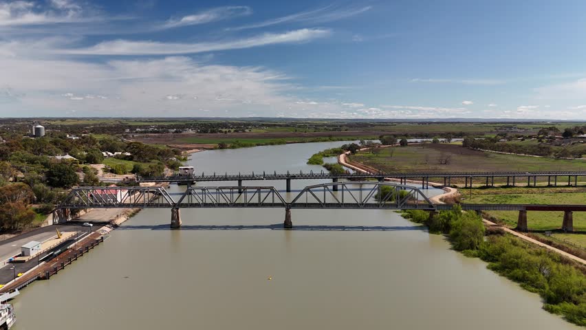 Murray Bridge City, South Australia: 4K Aerial Drone Footage of Murray River, Islets, Road Bridge, Railway Bridge, Port, Parks, Road Along River, Scenic River Landscape
