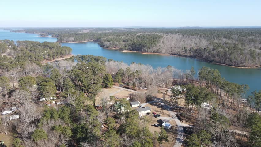 Aerial landscape Clarks Hill Lake in winter after Hurricane Helene in Appling Augusta Georgia USA