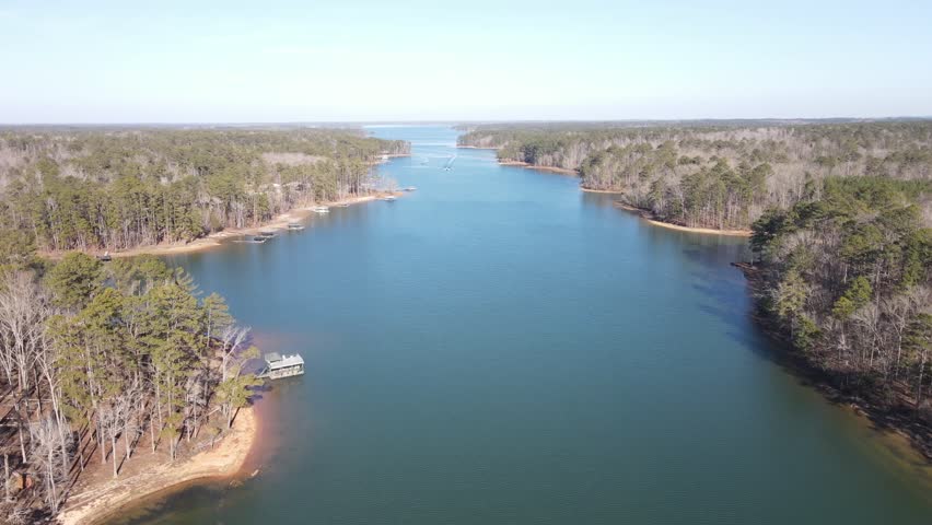 Aerial landscape Clarks Hill Lake in winter after Hurricane Helene in Appling Augusta Georgia USA
