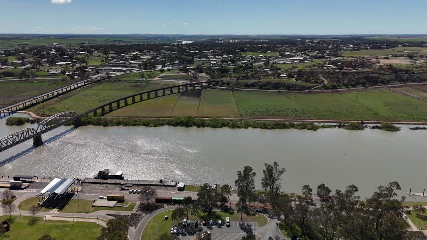 Murray Bridge City, South Australia: 4K Aerial Drone Footage of Murray River, Road Bridge, Railway Bridge, Port, Parks, Scenic River Landscape