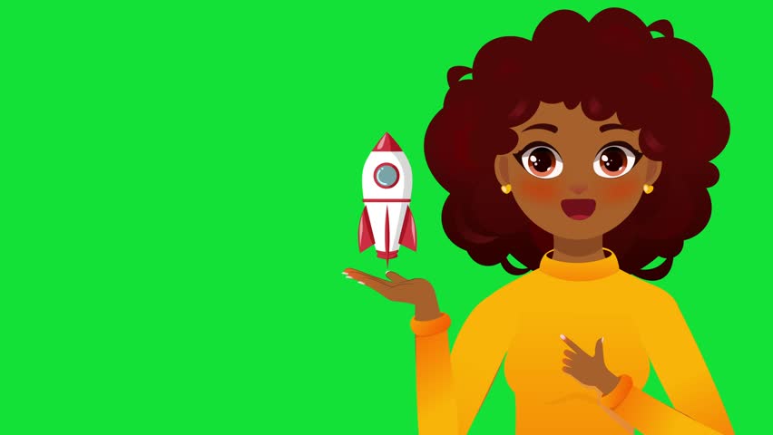 Afro Girl with Curly Hair Holding Rocket Symbolizing Ideas and Creativity
