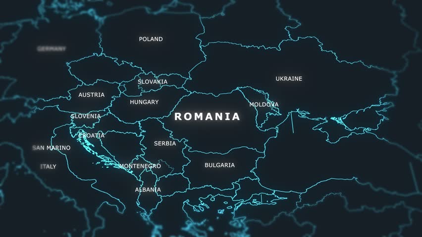 3D world digital glowing map animation of Romania.