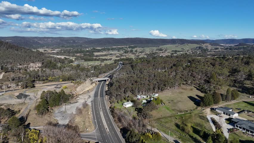 Aerial fly over of the Great Western Highway between Marrangaroo and Wallerawang in regional New South Wales
