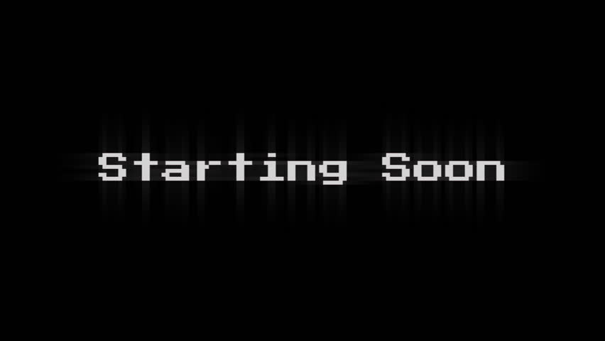 Pixel style Starting Soon glitch text on black background. 4K video
