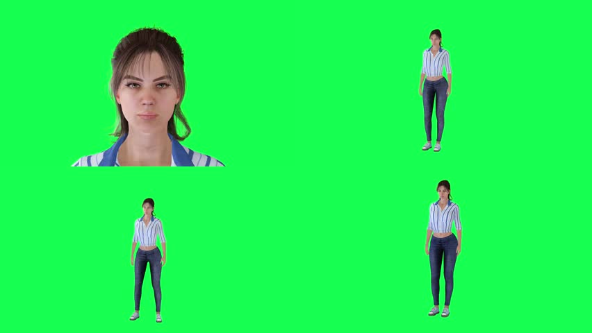 A woman in striped shirt is dancing on green screen animated chromakey background style colorful gesture creative figure composition movement design layers expression cartoonish scene