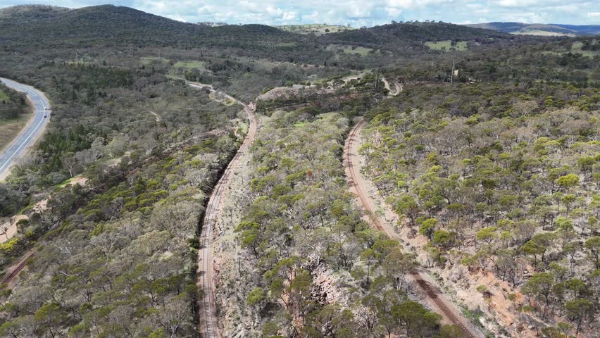 Aerial views of the Bethungra Railway Spiral between Cootamundra and Junee in regional New South Wales