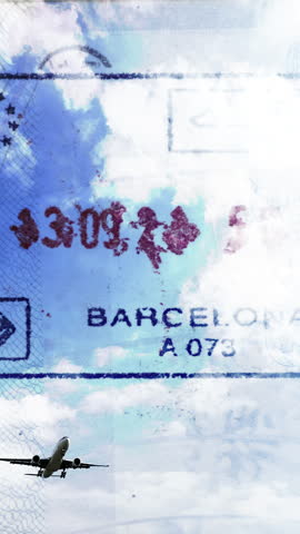 Airplane flying close overhead coming in to land overlayed with passport stamps and visas in vertical