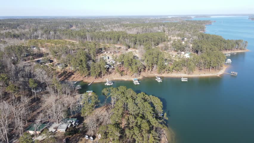 Aerial landscape Clarks Hill Lake in winter after Hurricane Helene in Appling Augusta Georgia USA