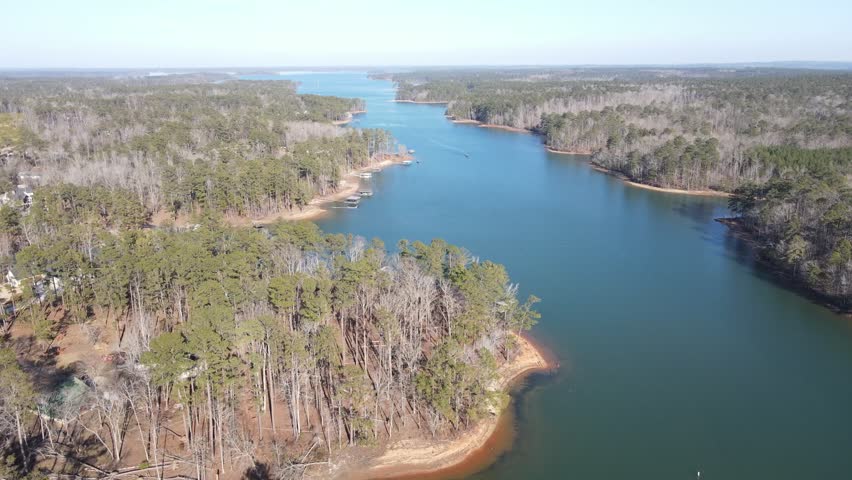 Aerial landscape Clarks Hill Lake in winter after Hurricane Helene in Appling Augusta Georgia USA