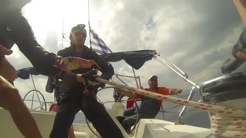 HYDRA, GREECE- MAY 7: Unidentified sailors participates in 9th spring sailing regatta Ellada 2013, May 7, 2013 in Hydra, Greece.