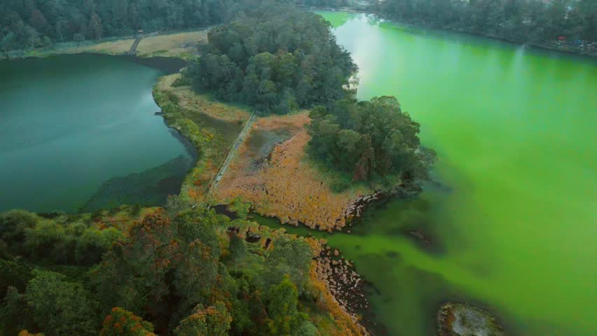 A green lake with a green island in the middle. The island is surrounded by trees. The water is colorful and greenish.