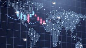 Abstract motion graphic of a digital world map combined with stock market candlestick charts. Great for financial presentations, trading, fintech, business, and economic backgrounds. - Powered by Shutterstock - Get 15% off with code: PIKWIZARD15