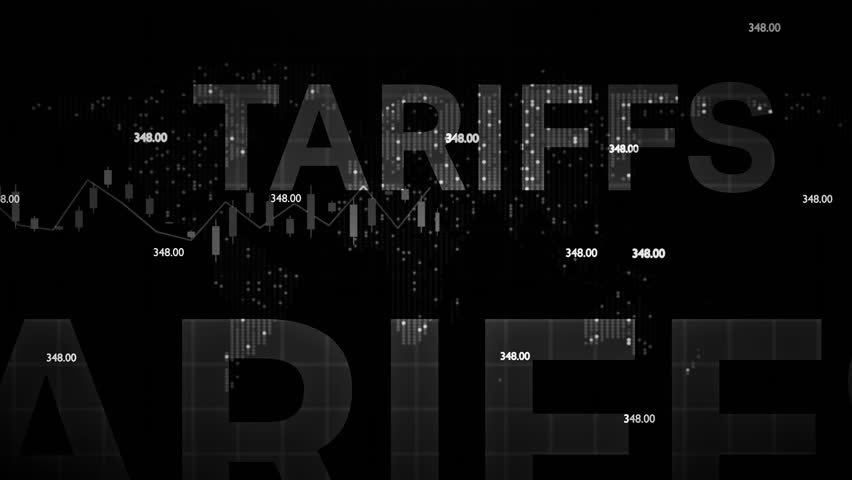 Black and white animated background featuring tariffs warning text and market graph effects. Ideal for illustrating financial crises, global economy risks, trade issues, and fiscal warnings in present - Powered by Shutterstock - Get 15% off with code: PIKWIZARD15