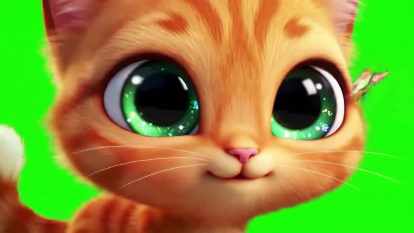 kitten on green screen, cite kitten , cartoon character